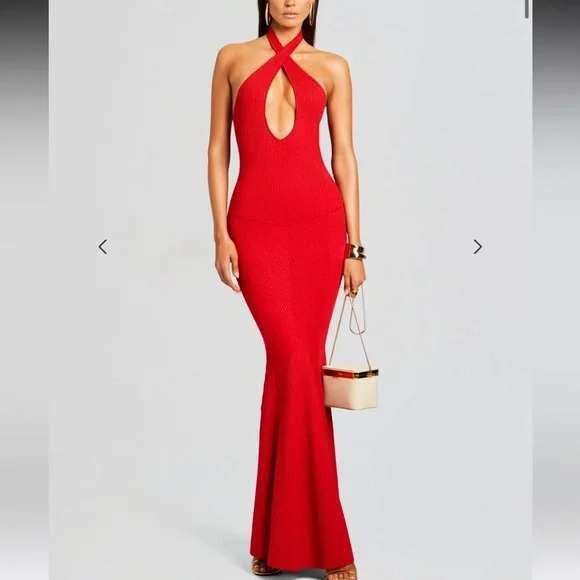 Nwt Retrofete Verona Dress Red Metallic Ribbed Halter Maxi Gown Women M